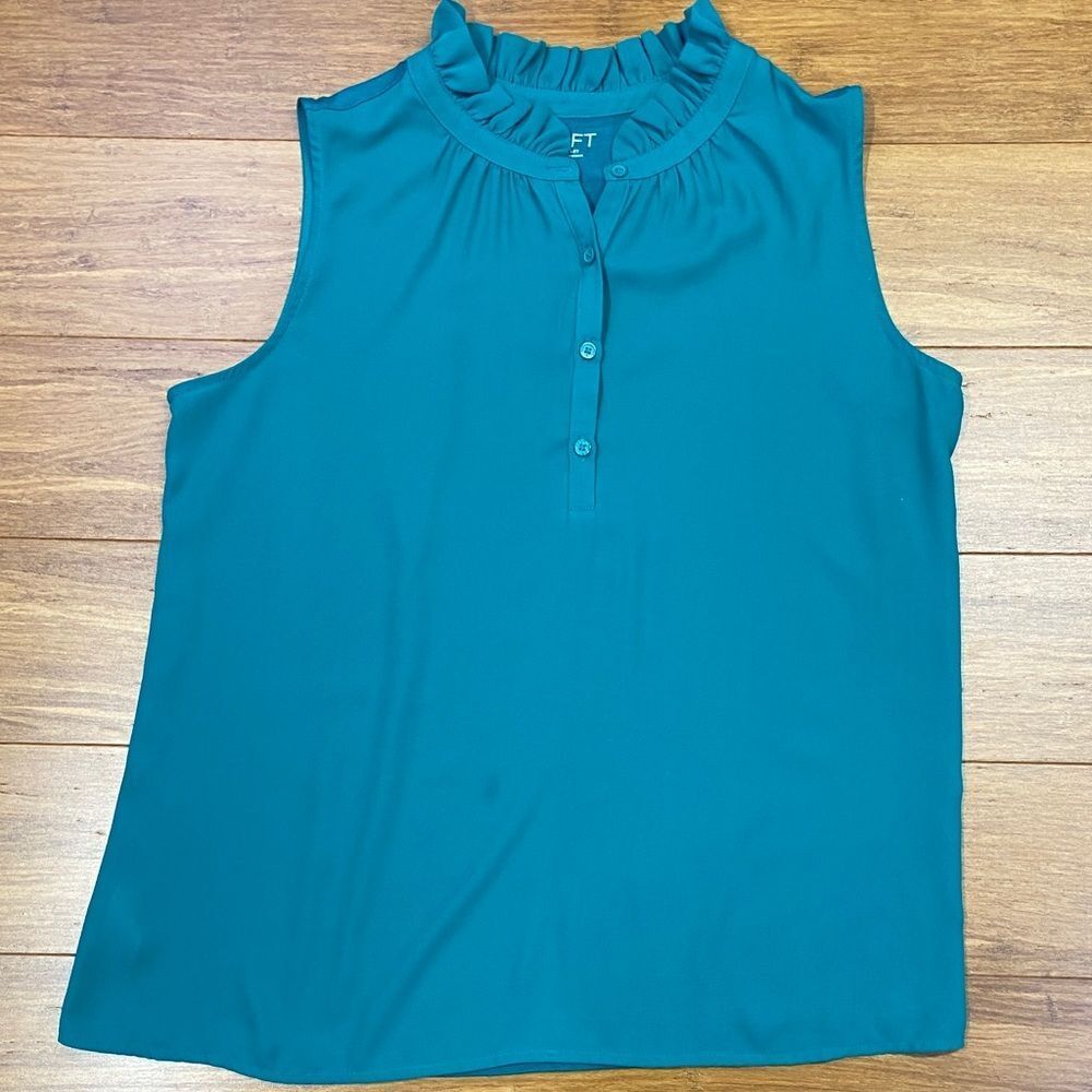 LOFT Turquoise Sleeveless Ruffle Neck Blouse size Medium